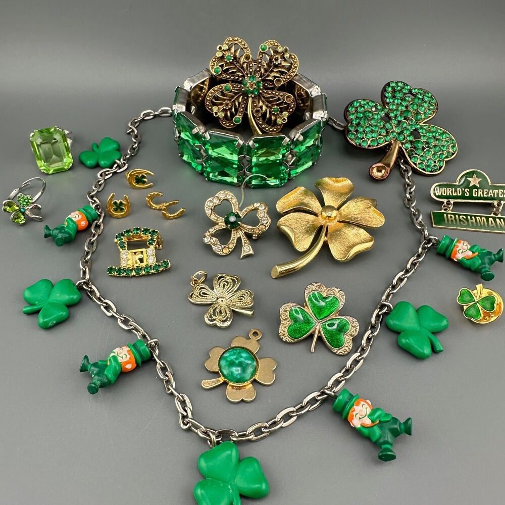Vintage St. Patricks Day Jewelry Lot Shamrock Brooches Leprechaun Necklace Rings